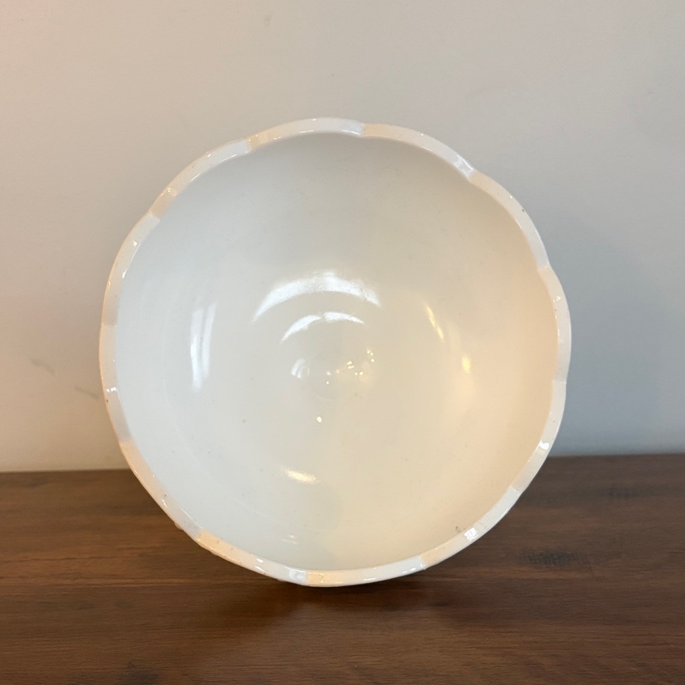 White Ceramic Pedestal Bowl | Farmhouse Decor | Scalloped Edge Compote Dish - Picture 2 of 5